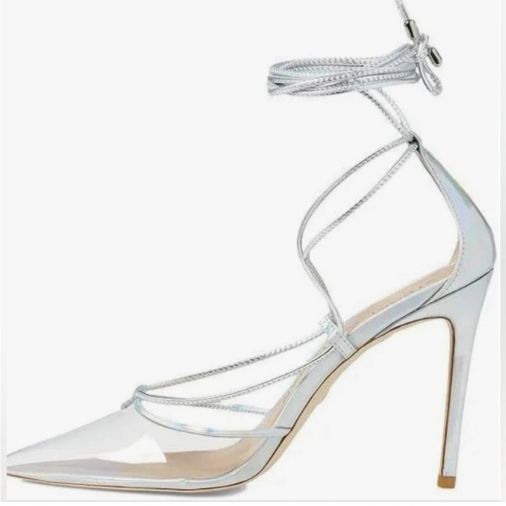 Stuart Weitzman Stuart Lace-Up Point Toe Stiletto Pump in Silver/Clear - Picture 2 of 6